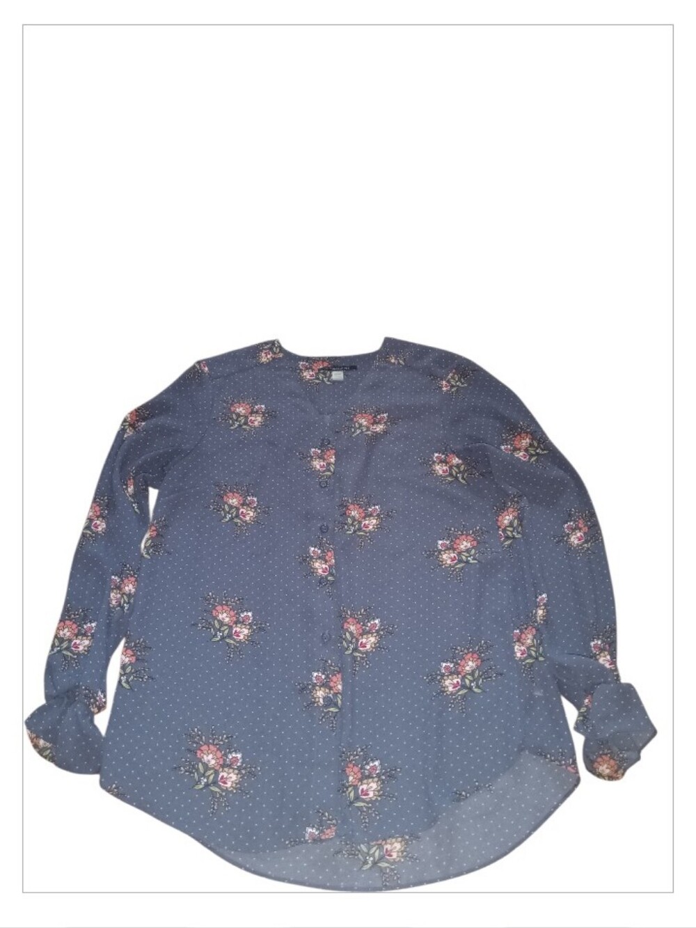 Navy Blue w/ Pink Floral Dot Long Sleeve V Neck Button Down Blouse